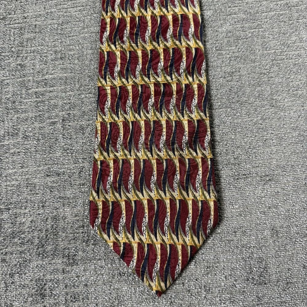 JZ RICHARDS All Silk Neck Tie 60x4"‎ Red Blue Yellow Wavy Geometric Hand Crafted